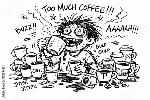 Overload too icon messy concept doodle sketch imperfect drinking funny coffee vector