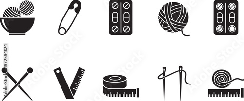 Sewing and knitting tools icon set including yarn needles safety pin measuring tape buttons and knitting accessories vector