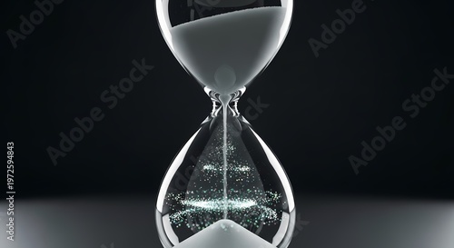Close up of a modern hourglass with glowing particles falling through the sand, symbolizing the passage of time and the digital age