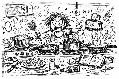 Things lines concept icon vector sketch kitchen cooking chaotic person multiple