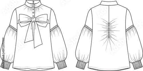 Women blouse vector template front and back view long sleeve bow tie collar elegant fashion apparel detailed illustration