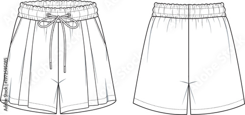 Women casual shorts vector template front and back view elastic waistband drawstring summer apparel detailed fashion illustration