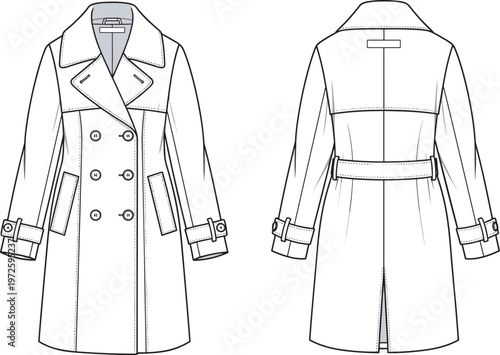Women trench coat vector template front and back view double breasted belted outerwear elegant fashion garment detailed illustration