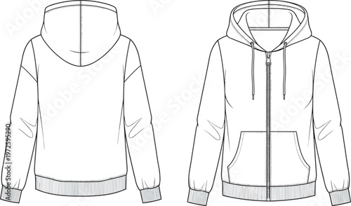 Zip up hoodie vector template front and back view casual sweatshirt design with zipper pockets hood and drawstring illustration