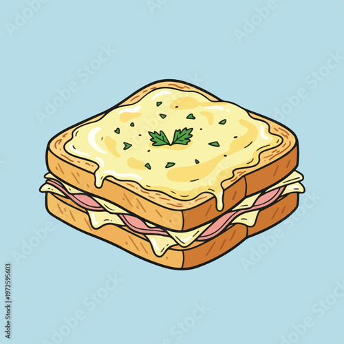 A mouth-watering vector illustration of a cheesy Croque Monsieur sandwich with melted cheese, ham, and fresh herbs on a blue background.