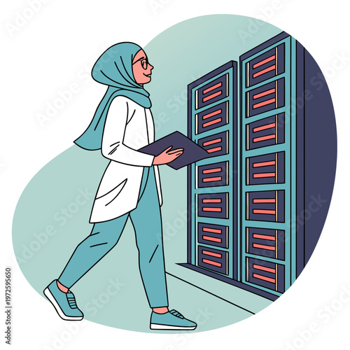 Jeune femme avec un voile hijab s'approchant des serveurs informatique, métier technicien dans un datacenter ou sysadmin
