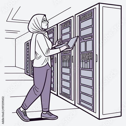 Jeune femme avec un voile hijab s'approchant des serveurs informatique, métier technicien dans un datacenter ou sysadmin

