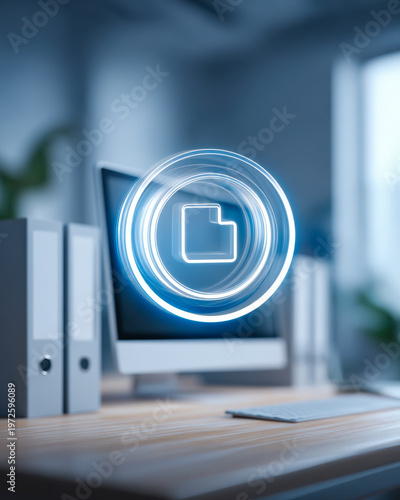 Glowing folder icon on office monitor beside binders and keyboard