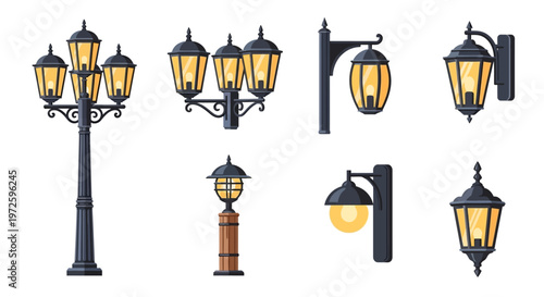 Collection of various outdoor street lamps.
