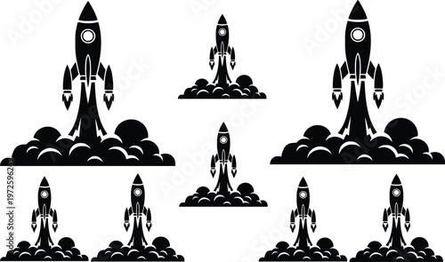 Rocket launch silhouette with smoke and flame vector illustration isolated on white background