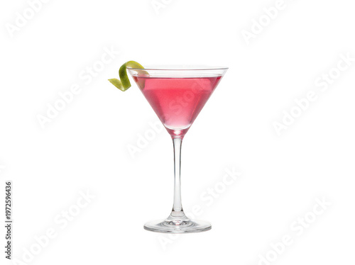 Vibrant pink cosmopolitan cocktail garnished with a lime twist in a martini glass isolated transparent background image