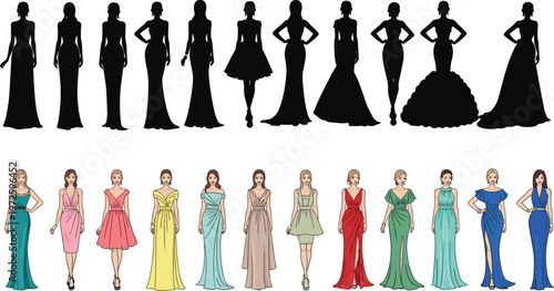 Fashionable Dress Vector Set with Elegant Gowns, Formal Dresses, and Stylish Poses for Women’s Clothing, Fashion Design, and Runway Illustrations