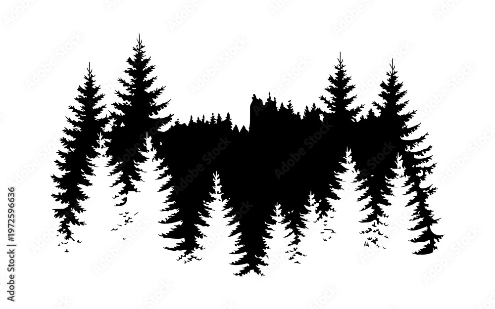 Obraz premium Silhouette of a coniferous pine forest, minimalist black and white nature vector illustration.
