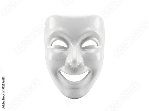 Fotografía Polished white porcelain theatrical comedy mask with a joyful smiling expression