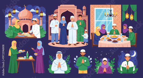Ramadan Islamic Family Celebration Scenes Illustrating Iftar and Suhoor Gatherings with Religious Devotion and Community Spirit