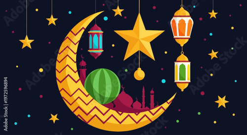 Ramadan Kareem Greeting Card with Crescent Moon, Lanterns, and Mosque Silhouette under Starry Night Sky