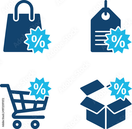 Four icons showing zero percent discount sale shopping deals graphics