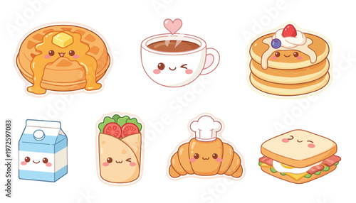 kawaii food icons set cartoon style vector illustration