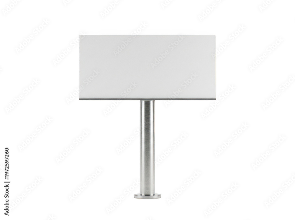 Obraz premium Modern blank white rectangular sign board on a sleek brushed metal pole, isolated transparent background image