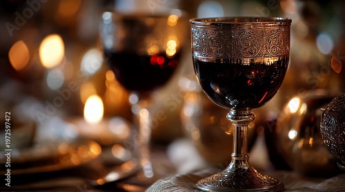 Two glasses of red wine on table.