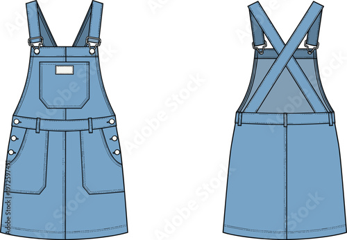Women denim overall dress technical fashion flat sketch front and back view pinafore style casual modern apparel vector template design