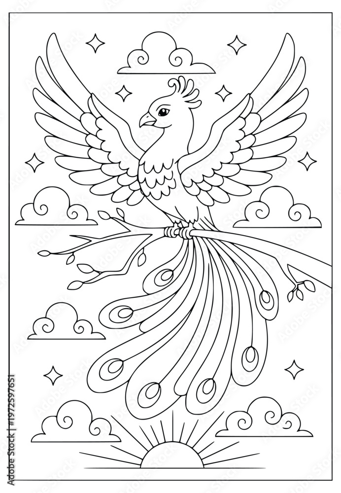 Obraz premium Phoenix coloring book page with a mythical fire bird on a tree branch