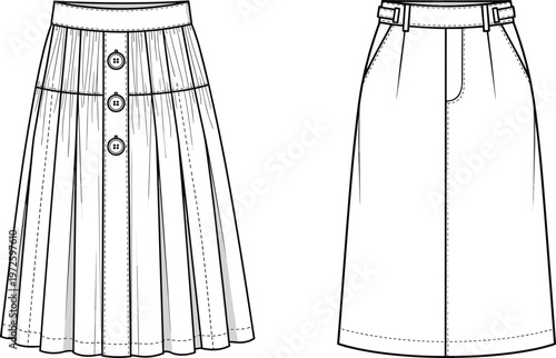 Women midi skirt technical fashion flat sketch with front and back view, button front and pleated design, modern apparel template isolated on white background