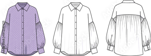 Women oversized shirt with puff sleeves technical fashion flat sketch front back and side view casual modern apparel vector template design