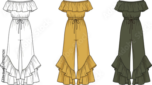 Women off shoulder ruffle jumpsuit technical fashion flat sketch collection, flared leg design variations, stylish summer apparel templates isolated on white background