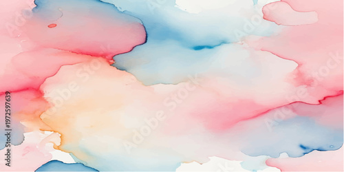 An abstract blue nature sky with white hand painted watercolor clouds and light summer weather texture on vintage paper