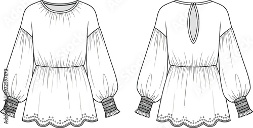 Women peplum blouse technical fashion flat sketch with front and back view, smocked cuffs and scalloped hem detail, apparel template isolated on white background