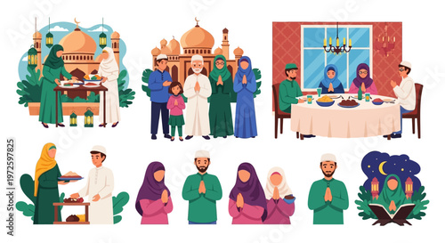 Ramadan Celebration Illustrations Family Gatherings and Iftar Meals
