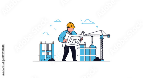 A professional male construction engineer wearing a bright yellow safety helmet carefully reviews a large white architectural blueprint at an active building site area.