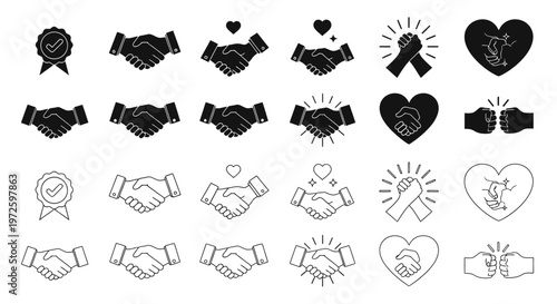Diverse Collection of Handshake Icons Symbolizing Trust, Agreement, Partnership, and Solidarity for Collaborative Concepts and Digital Interface Design