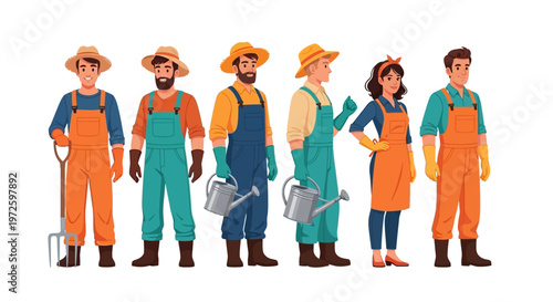 Diverse group of farmers and gardeners in work attire, posing with gardening tools and watering cans, isolated on a white background