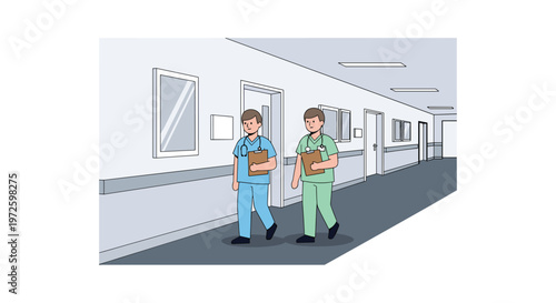 Two professional medical doctors wearing blue and green surgical scrubs walk down a pristine white hospital corridor while holding brown clipboards for patient records.