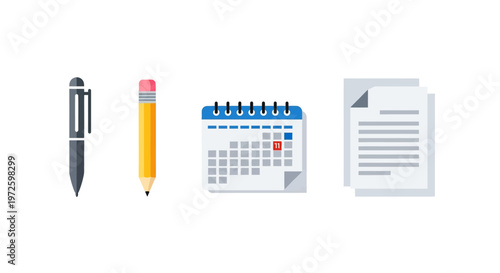 Pen pencil calendar and paper notes.