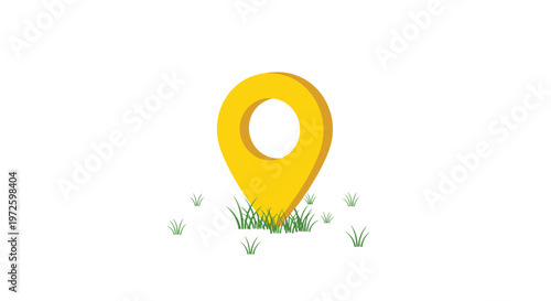 A small bright yellow three dimensional location pin icon stands vertically among several tiny scattered patches of green grass blades on a white background space.