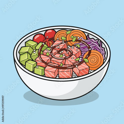 Cartoon vector illustration of a poke bowl featuring cubed salmon, avocado, tomatoes, carrots, and cabbage, topped with a sauce drizzle and seeds.