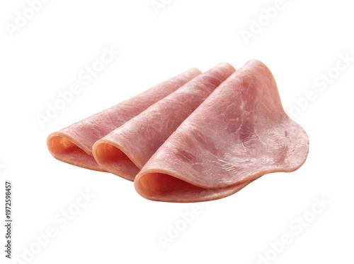 Photos Three thin slices of pink deli ham folded and rolled into curls isolated transpa