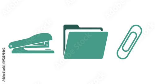 Green office supplies on white background.