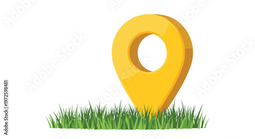 A large glossy yellow three dimensional location pin icon is prominently embedded within a thick and lush patch of vibrant green grass blades against white.