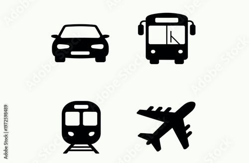 transport icons set, transportation collection including car bus railway ship airplane and pedestrian signs, modern outline vector illustration for logistics travel navigation.