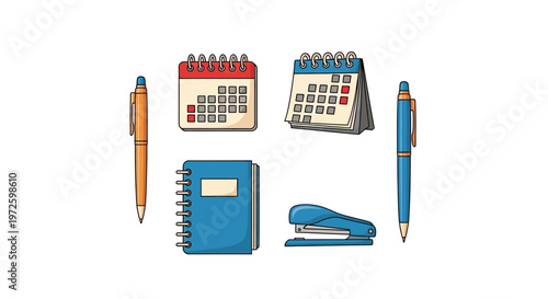 Office supplies on white background.