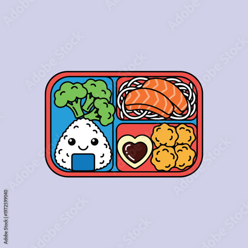 A colorful kawaii vector illustration of a Japanese bento box with a smiling onigiri, broccoli, salmon over noodles, and nuggets with sauce.