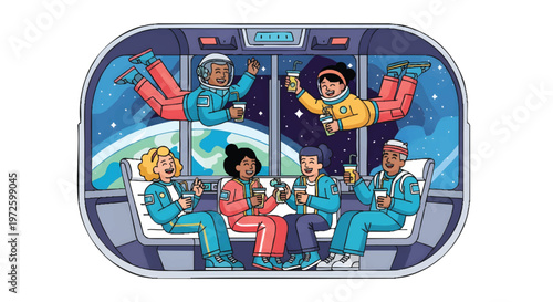 space travelers enjoying a drink on a futuristic spacecraft