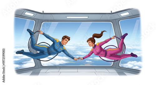 couple in space suits floating in zero gravity environment