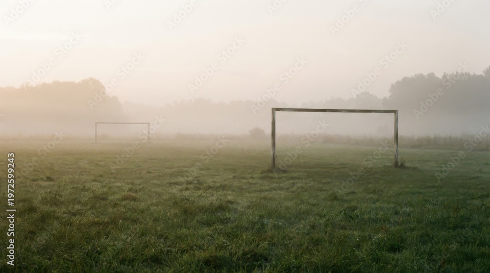 Fototapeta premium Misty Soccer Field with Goals in the Early Morning Light