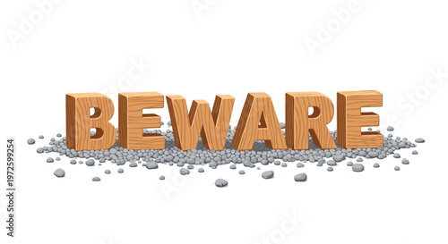 The word BEWARE is displayed in thick three-dimensional wooden letters resting firmly upon a bed of small smooth gray river stones and scattered pebbles.