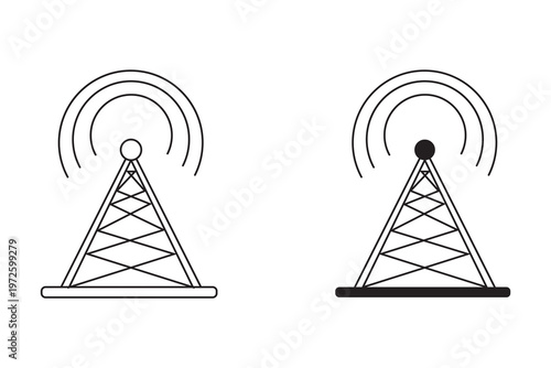 Radio tower / mast with radio waves for broadcast transmission line art vector icon for apps and websites